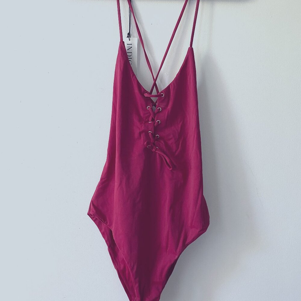 Indigo Swimwear - Red one piece bathing suit with front and back tie, Size Mediu